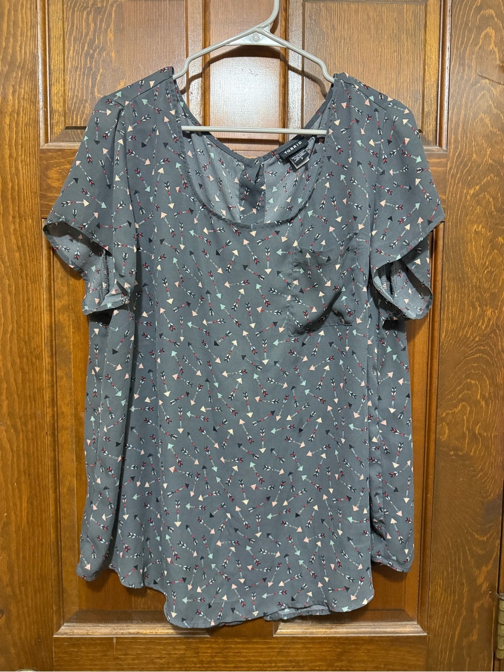 TORRID Short Sleeve Blouse with Teal and Pink Geometric Print